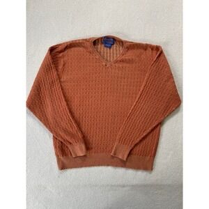 Vintage 90s Pendleton Mens Medium Sweater Rust Orange Cable Knit V-Neck Cotton